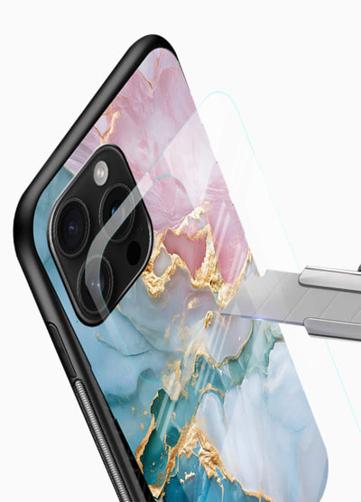 Golden Rift Marble glossy vibrant premium glass back cover with blue marble and gold fracture rifts - Angle Blade