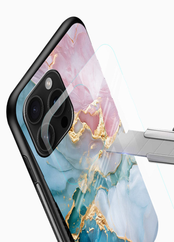 Golden Rift Marble glossy vibrant premium glass back cover with blue marble and gold fracture rifts - Angle Blade