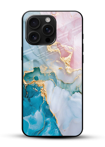 Golden Rift Marble glossy vibrant premium glass back cover with blue marble and gold fracture rifts - Angle Front