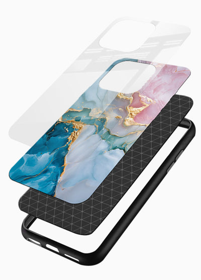 Golden Rift Marble glossy vibrant premium glass back cover with blue marble and gold fracture rifts - Angle Layers