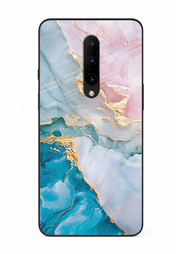 Golden Rift Marble OnePlus 7T Pro glass back cover with blue marble and gold fracture rifts
