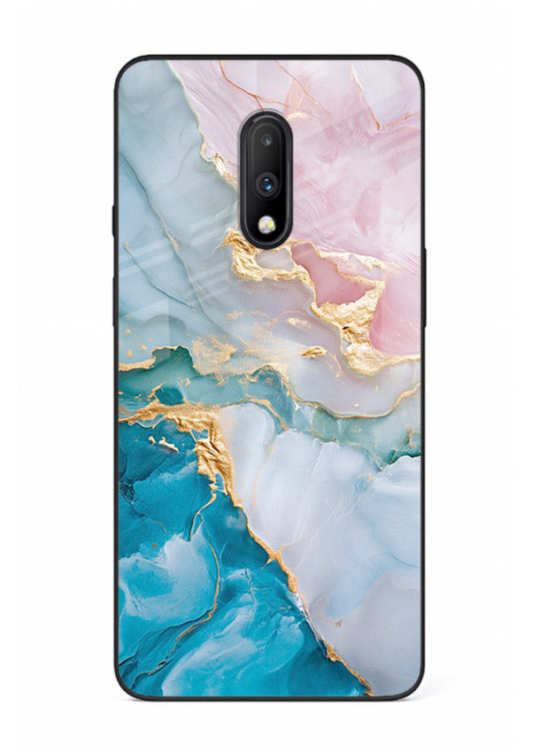 Golden Rift Marble OnePlus 7 glass back cover with blue marble and gold fracture rifts