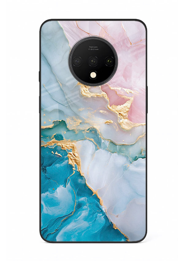 Golden Rift Marble OnePlus 7T glass back cover with blue marble and gold fracture rifts
