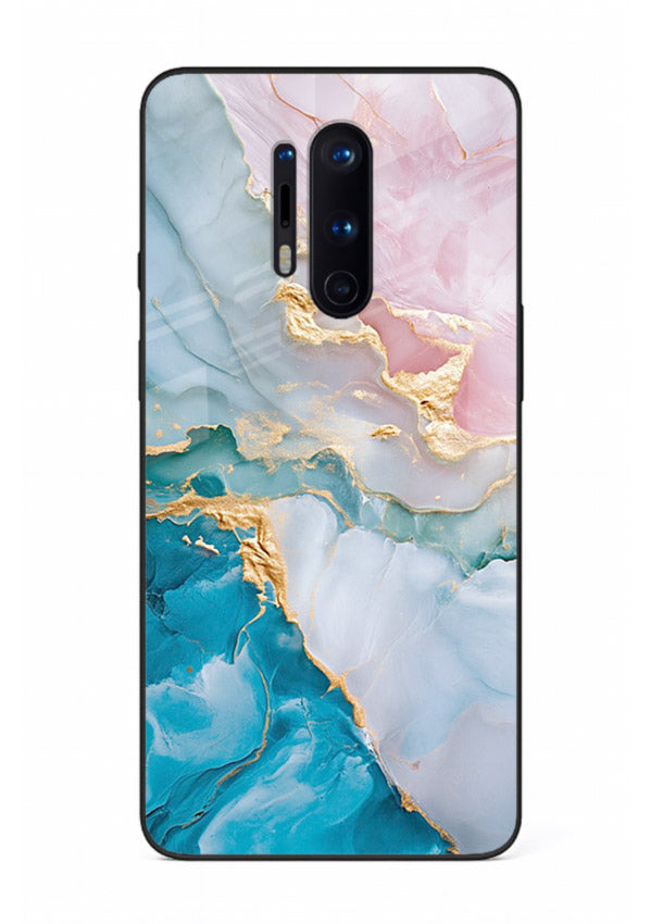 Golden Rift Marble OnePlus 8 Pro glass back cover with blue marble and gold fracture rifts