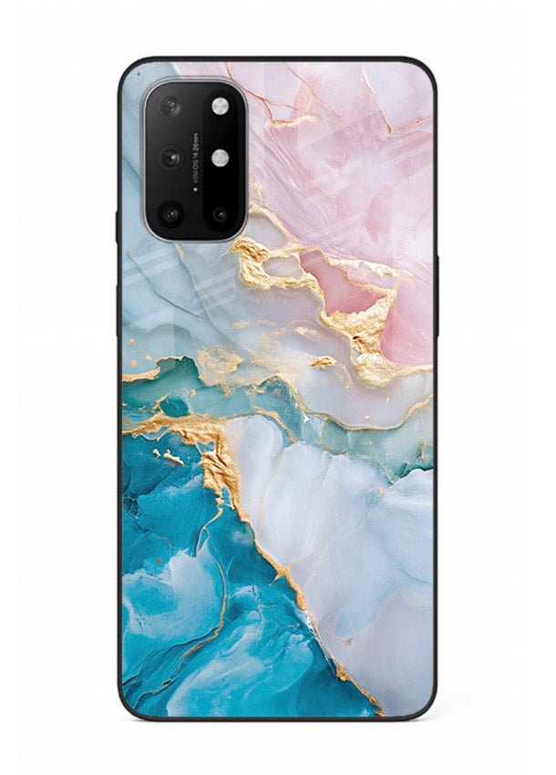 Golden Rift Marble OnePlus 8T glass back cover with blue marble and gold fracture rifts