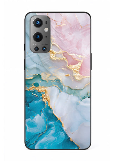 Golden Rift Marble OnePlus 9 glass back cover with blue marble and gold fracture rifts