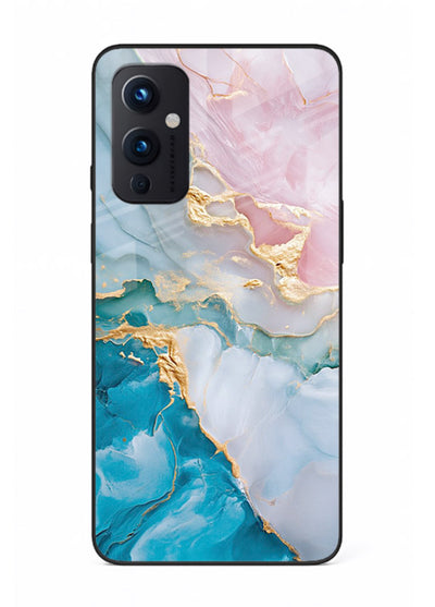 Golden Rift Marble OnePlus 9 Pro glass back cover with blue marble and gold fracture rifts