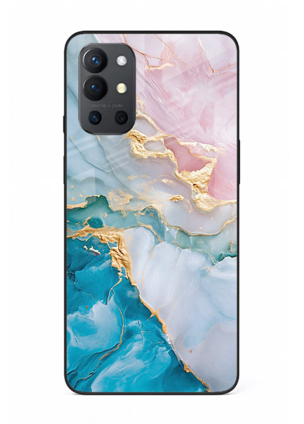 Golden Rift Marble OnePlus 9R glass back cover with blue marble and gold fracture rifts