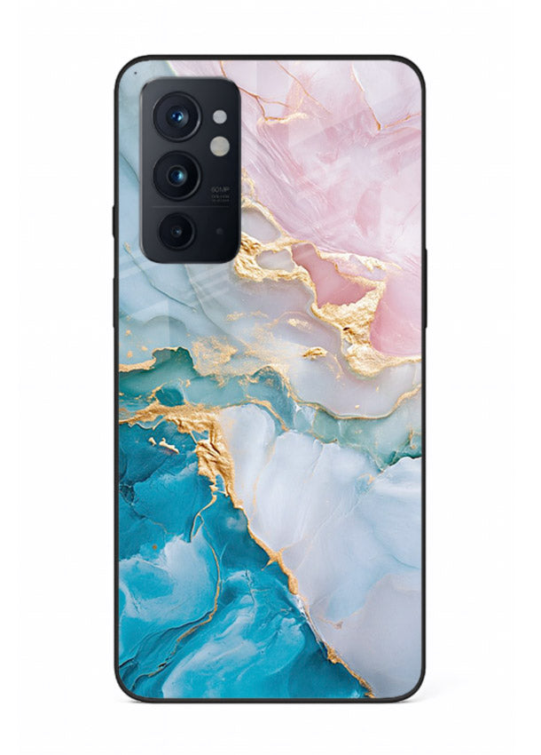 Golden Rift Marble OnePlus 9RT glass back cover with blue marble and gold fracture rifts