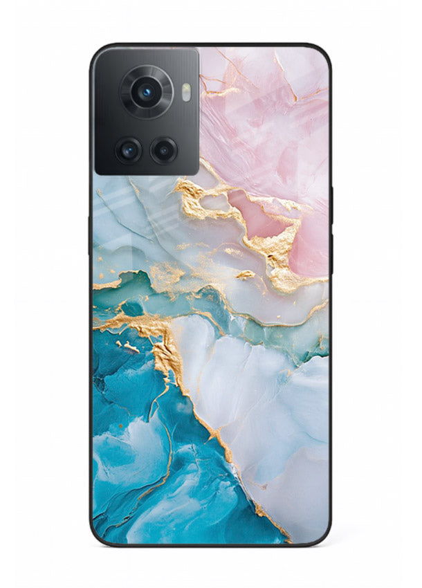 Golden Rift Marble OnePlus 10R glass back cover with blue marble and gold fracture rifts
