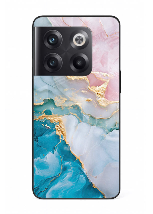 Golden Rift Marble OnePlus 10T glass back cover with blue marble and gold fracture rifts