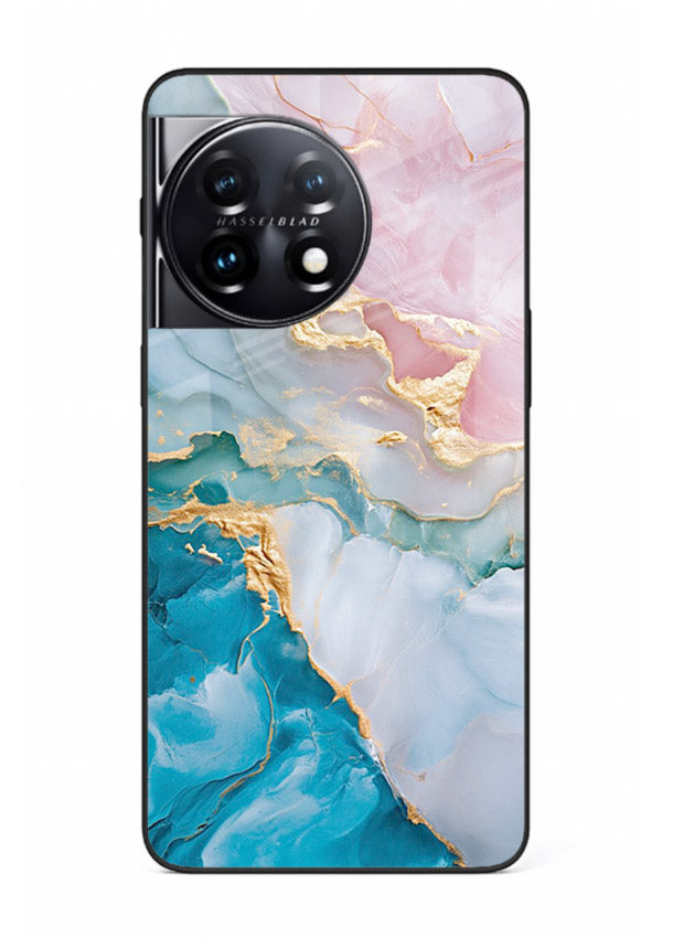 Golden Rift Marble OnePlus 11 glass back cover with blue marble and gold fracture rifts