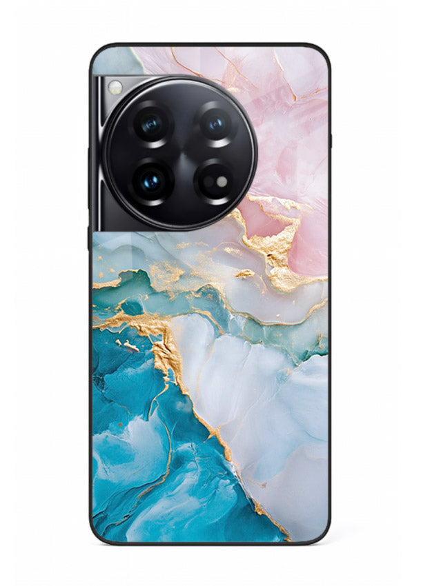 Golden Rift Marble OnePlus 12 glass back cover with blue marble and gold fracture rifts