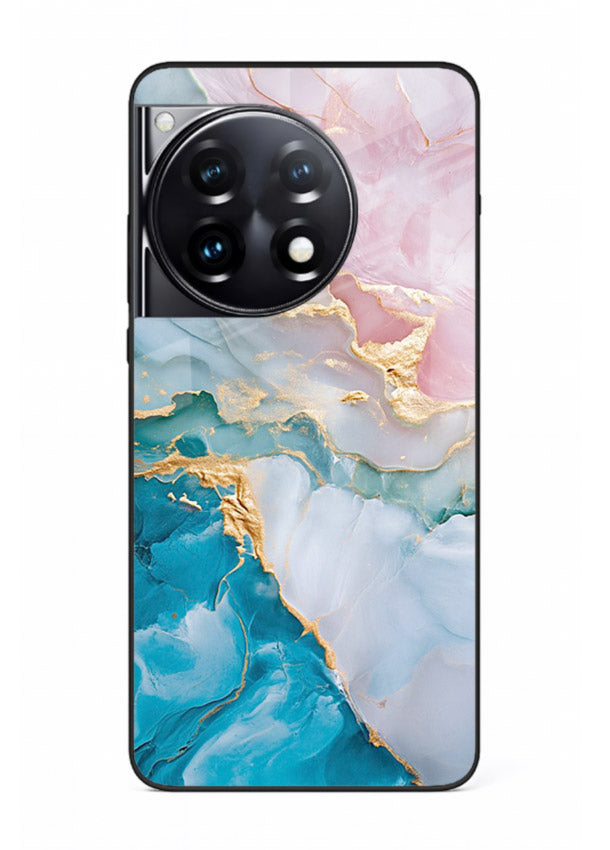 Golden Rift Marble OnePlus 12R glass back cover with blue marble and gold fracture rifts