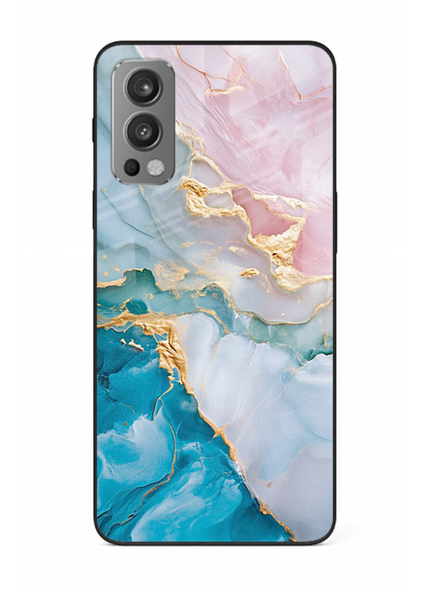 Golden Rift Marble OnePlus Nord 2 glass back cover with blue marble and gold fracture rifts