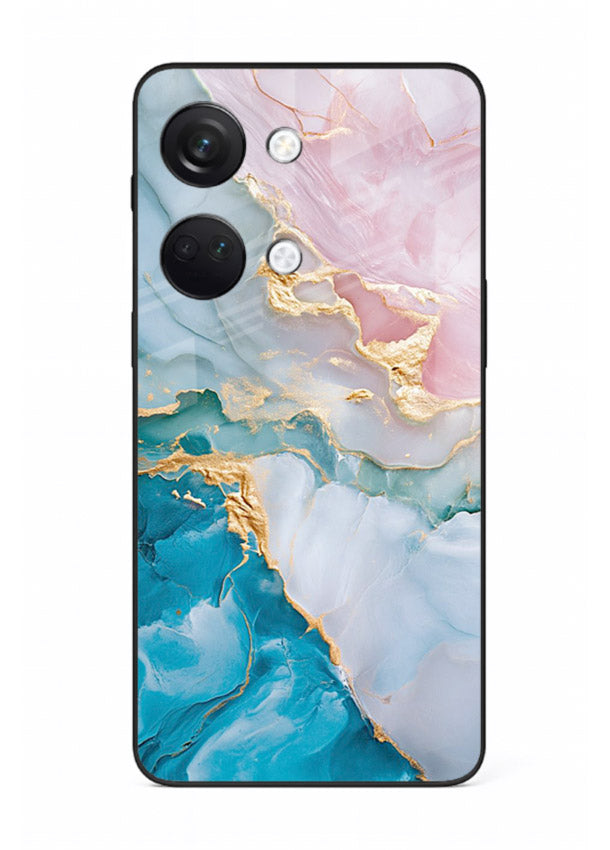 Golden Rift Marble OnePlus Nord 3 glass back cover with blue marble and gold fracture rifts