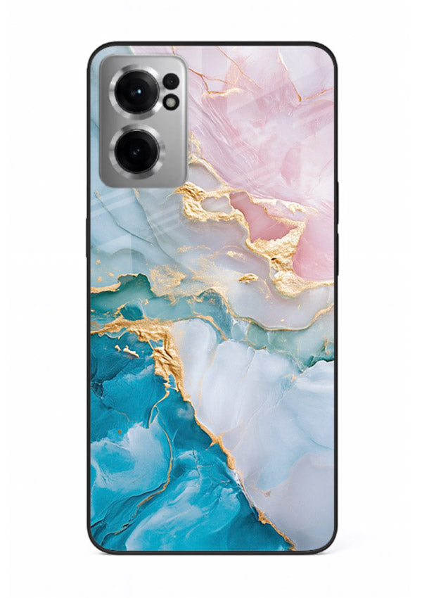 Golden Rift Marble OnePlus Nord CE2 5G glass back cover with blue marble and gold fracture rifts