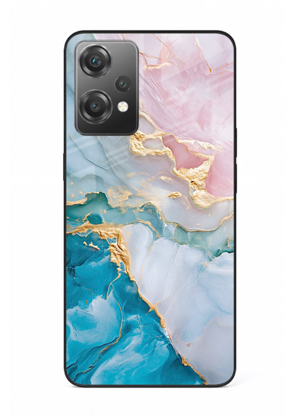 Golden Rift Marble OnePlus Nord CE2 Lite 5G glass back cover with blue marble and gold fracture rifts