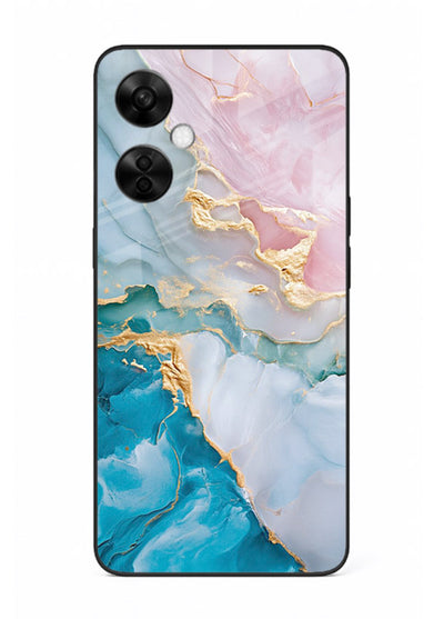 Golden Rift Marble OnePlus Nord CE3 Lite glass back cover with blue marble and gold fracture rifts