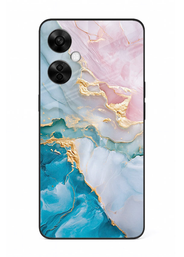Golden Rift Marble OnePlus Nord CE3 Lite glass back cover with blue marble and gold fracture rifts