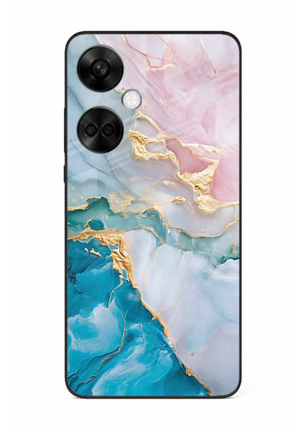 Golden Rift Marble OnePlus Nord CE3 glass back cover with blue marble and gold fracture rifts