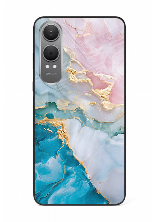 Golden Rift Marble OnePlus Nord CE4 Lite glass back cover with blue marble and gold fracture rifts