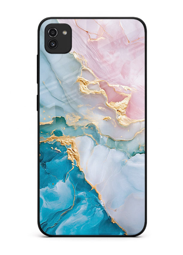 Golden Rift Marble Samsung A03 glass back cover with blue marble and gold fracture rifts