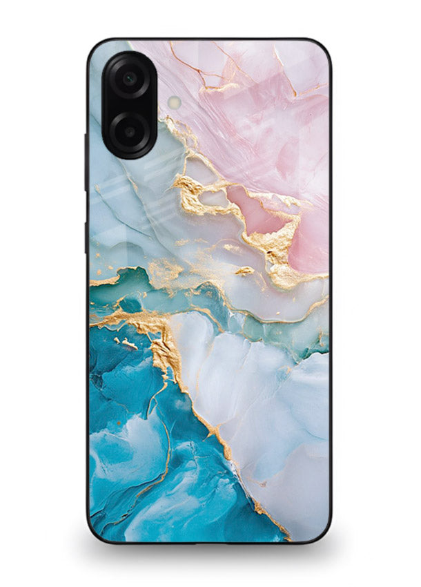 Golden Rift Marble Samsung A06 5G glass back cover with blue marble and gold fracture rifts