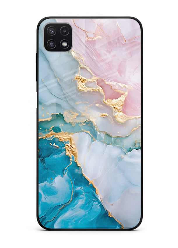 Golden Rift Marble Samsung F42 5G glass back cover with blue marble and gold fracture rifts