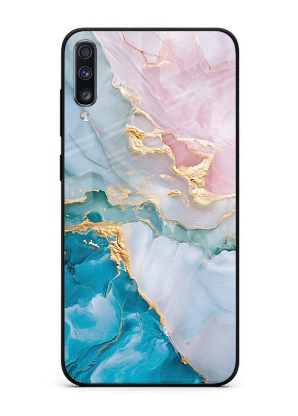 Golden Rift Marble Samsung A50 glass back cover with blue marble and gold fracture rifts