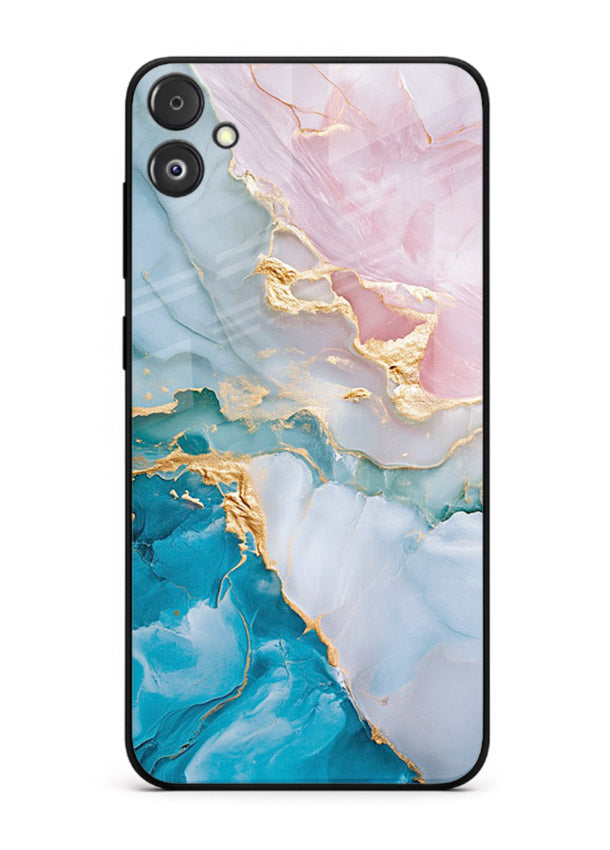 Golden Rift Marble Samsung F05 5G glass back cover with blue marble and gold fracture rifts