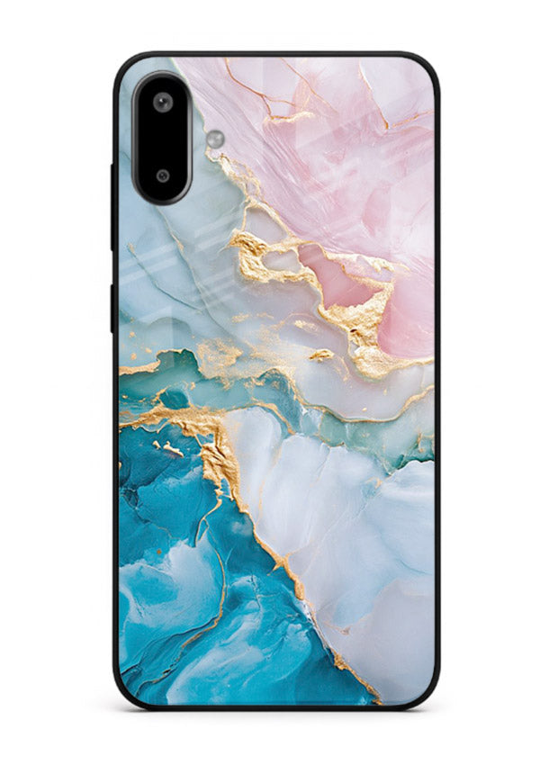 Golden Rift Marble Samsung F06 5G glass back cover with blue marble and gold fracture rifts