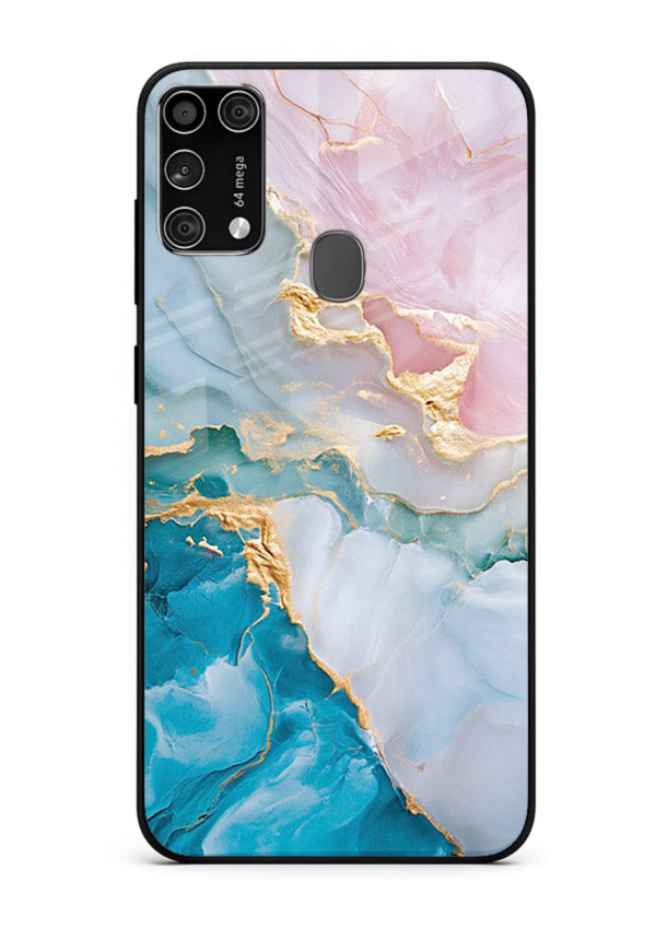 Golden Rift Marble Samsung M31 glass back cover with blue marble and gold fracture rifts