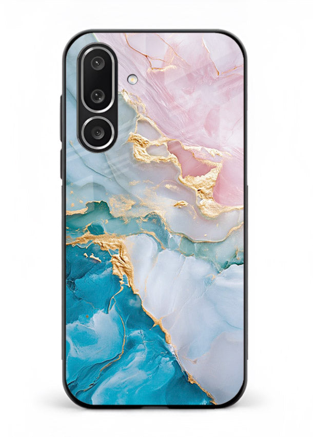 Golden Rift Marble Samsung M36 5G glass back cover with blue marble and gold fracture rifts