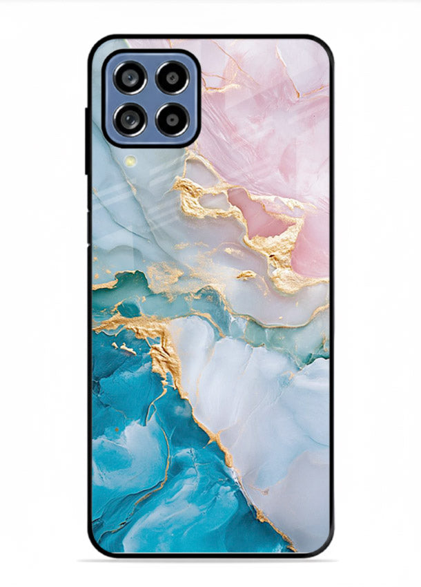 Golden Rift Marble Samsung F62 glass back cover with blue marble and gold fracture rifts