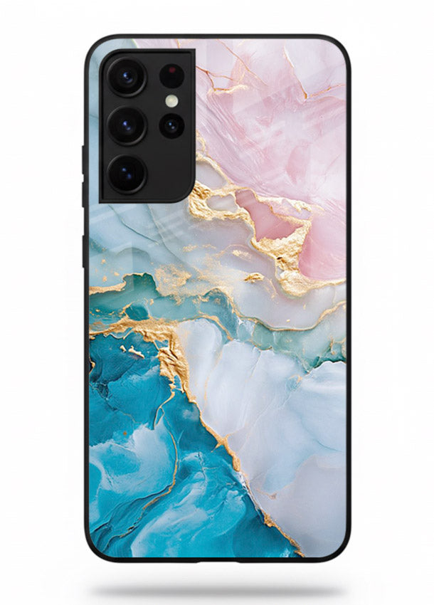 Golden Rift Marble Samsung S21 Ultra glass back cover with blue marble and gold fracture rifts