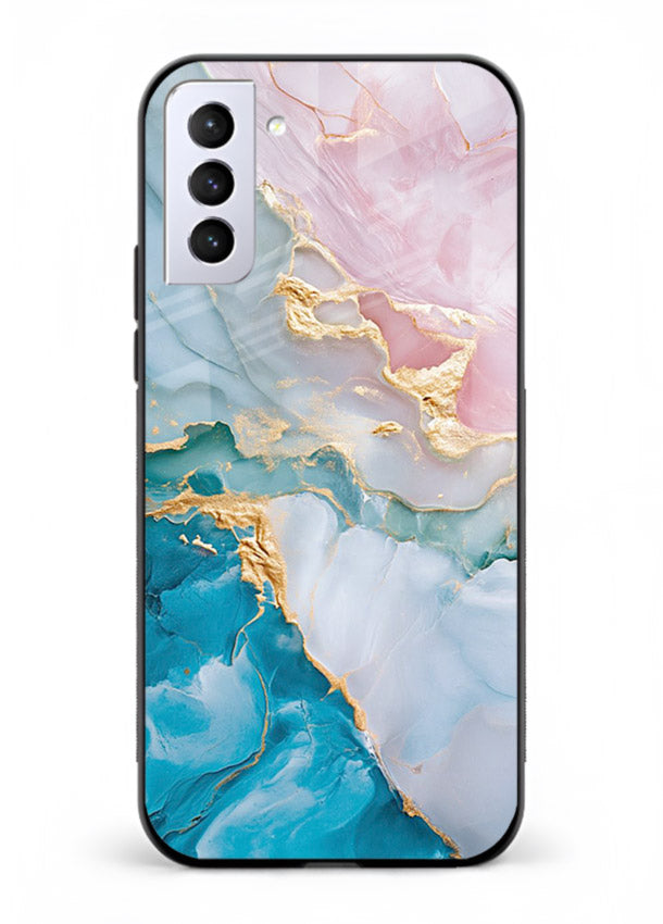 Golden Rift Marble Samsung S21 FE glass back cover with blue marble and gold fracture rifts