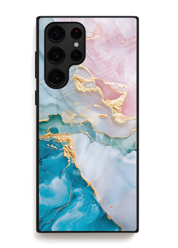 Golden Rift Marble Samsung S22 Ultra glass back cover with blue marble and gold fracture rifts