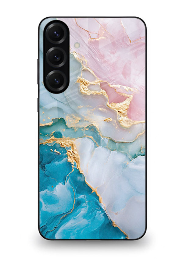 Golden Rift Marble Samsung M34 5G glass back cover with blue marble and gold fracture rifts