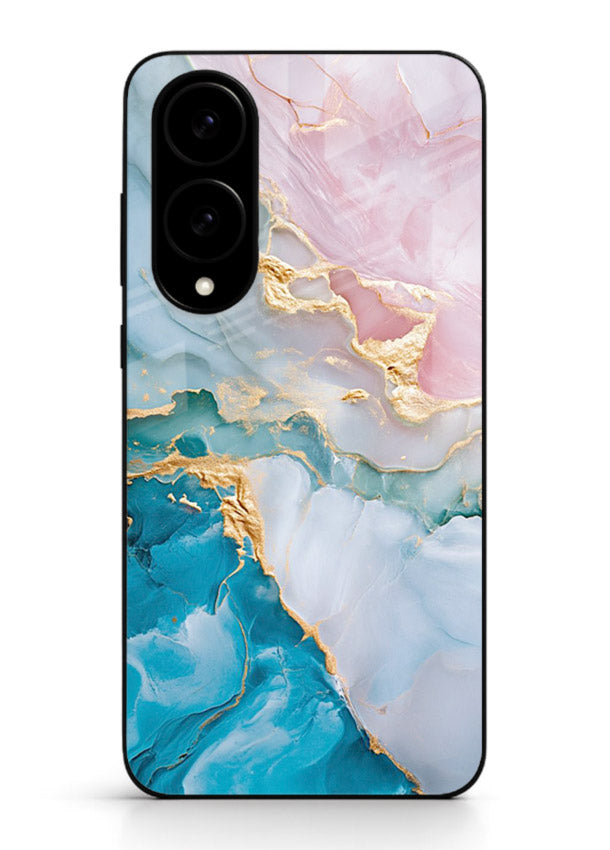 Golden Rift Marble Samsung S25 Edge glass back cover with blue marble and gold fracture rifts