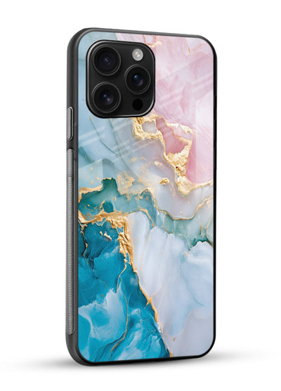 Golden Rift Marble glossy vibrant premium glass back cover with blue marble and gold fracture rifts - Angle Side