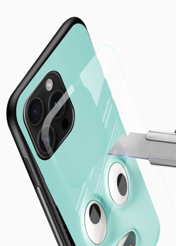 Googly Eyes Face glass back cover with mint green googly-eyed face design - 4