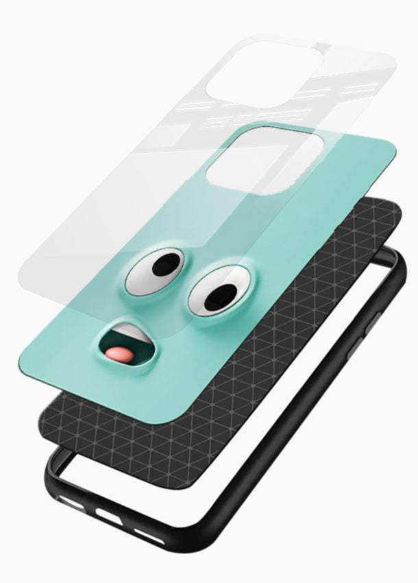 Googly Eyes Face glass back cover with mint green googly-eyed face design - 3