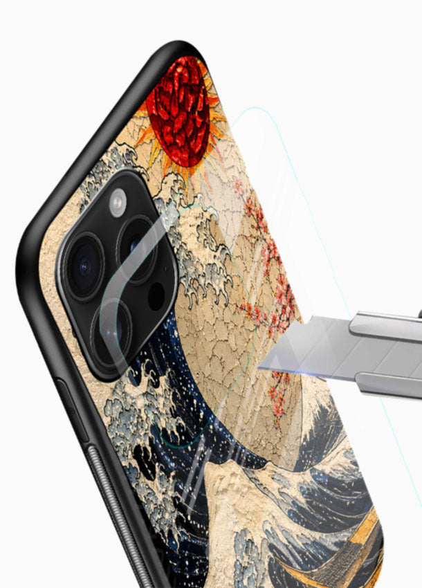 Great Wave Art glass back cover with ocean wave and sun design - 4