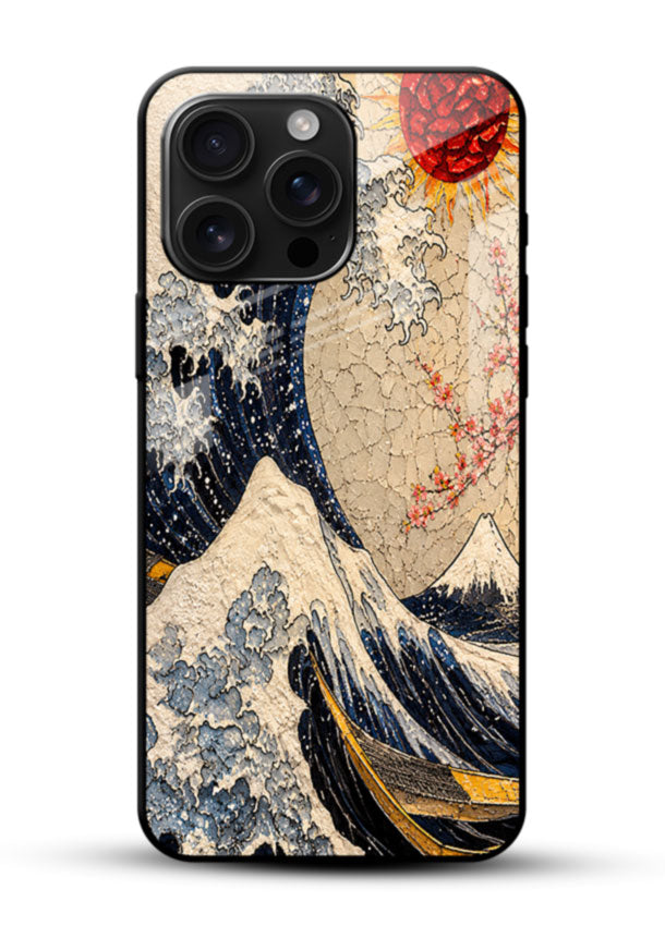 Great Wave Art glass back cover with ocean wave and sun design - 1