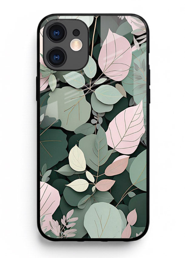 Green leaf artwork on iphone 12 mini glass back cover with natural flowing details.