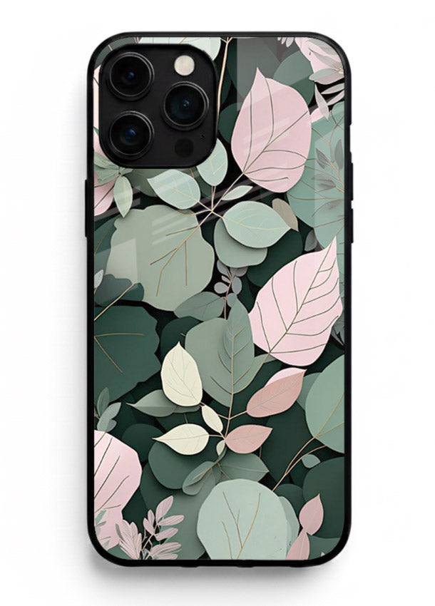 Green leaf artwork on iphone 16 pro max glass back cover with natural flowing details.