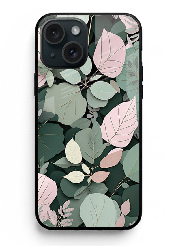 Green leaf artwork on iphone 14 plus glass back cover with natural flowing details.