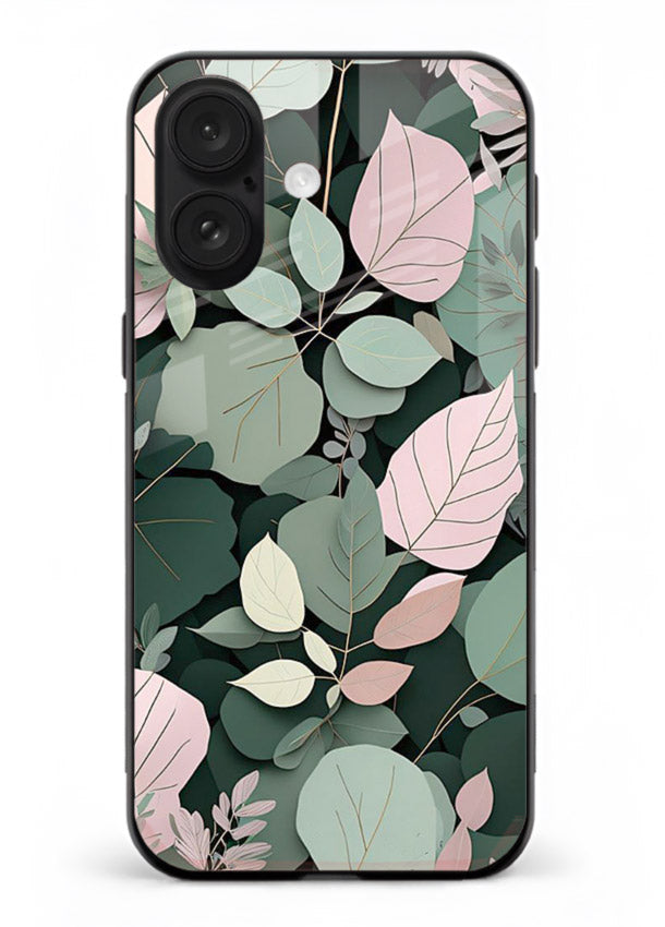 Green leaf artwork on iphone 17 glass back cover with natural flowing details.