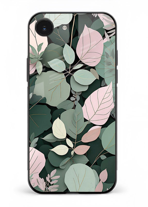 Green leaf artwork on iphone 16e glass back cover with natural flowing details.